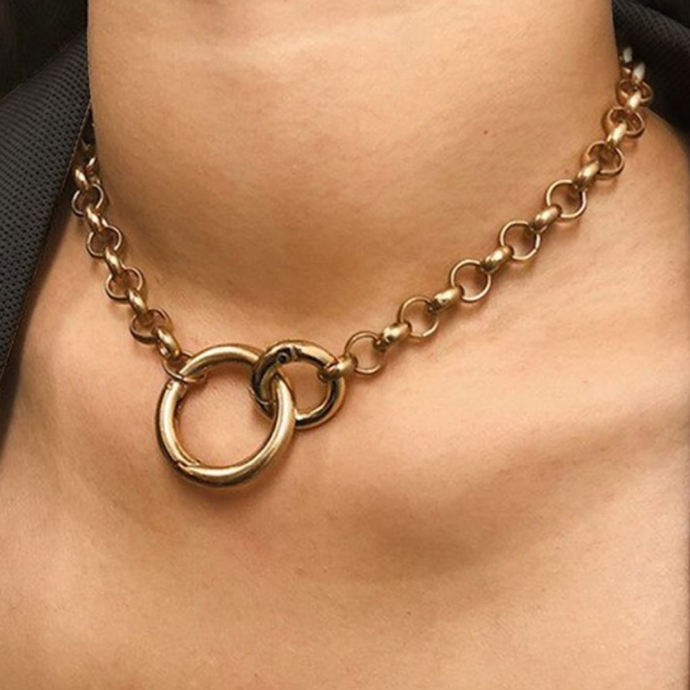 Polished Gold Link Necklace with Double Circle Toggle - Women Jewelry